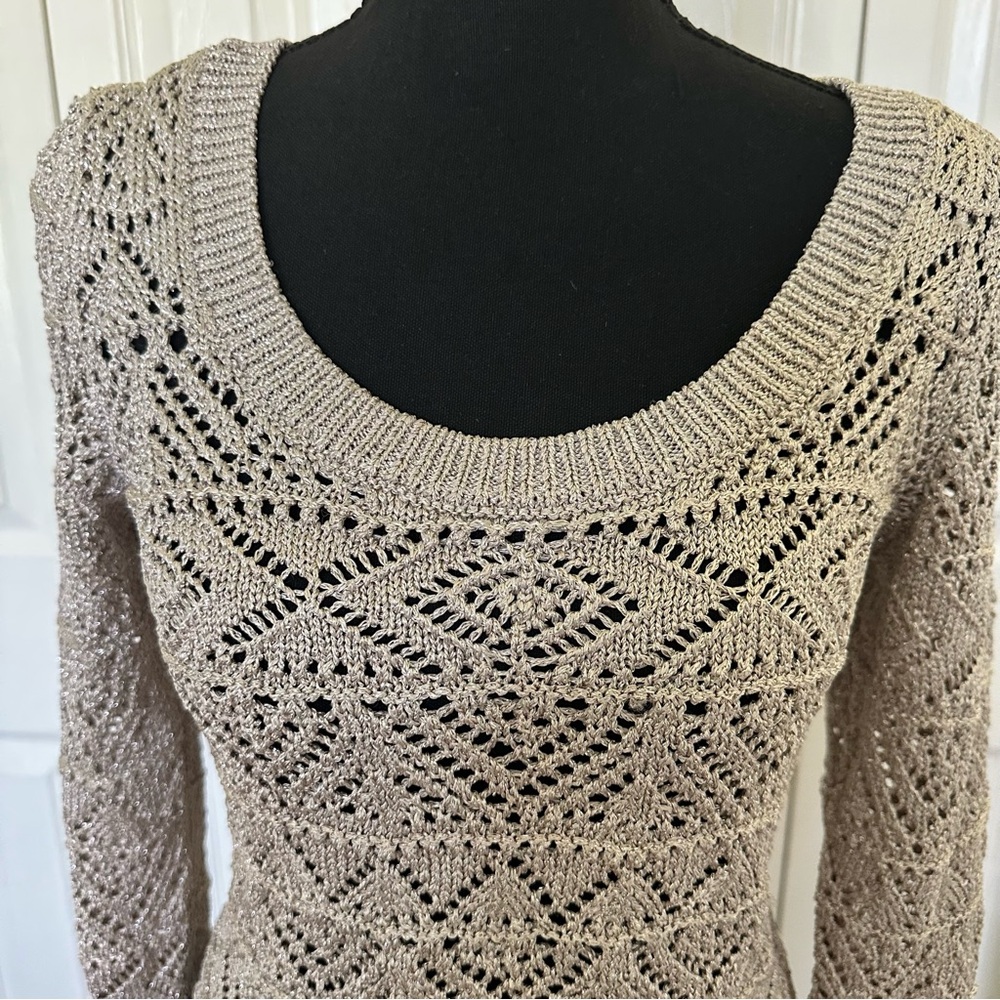 White House Black Market Open Knit Crochet Sweater Top XS Metallic Pearl Taupe - Picture 4 of 10